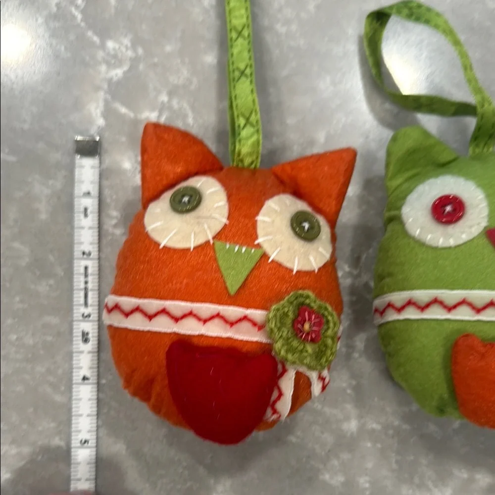 Set of 3 Handcrafted Felt Owl Christmas Ornaments Red Orange Lime Green White